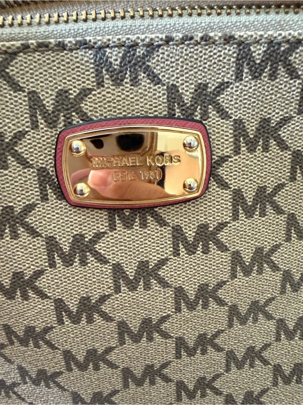 Michael Kors Beige Brown Logo Crossbody with Pink Strap